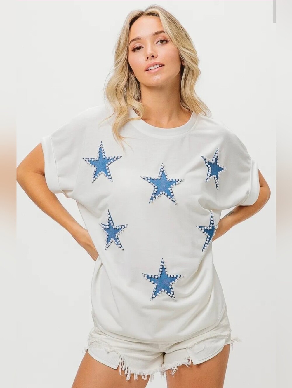 Bibi Faux Pearl Star Graphic Tee Sz L